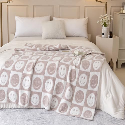 Image of Ultra Soft Cozy Happy Smiling Face Checkered Knitted Throw Blanket Fluffy Microfiber Checkerboard Bed Blanket Lightweight Both Sides Blanket for Couch Sofa Bed (Smile Cream, Throw 50 inchx60 inch)