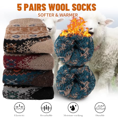COOVAN Mens Warm Wool Socks Thermal Winter Thick Crew Socks Cold Weather Soft Cozy 5 Pairs3