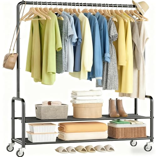 MISSLO Heavy Duty Clothes Rail Rack with Shelves 46.5" Large Rolling Clothing Rack for Bedroom Hanging Rail for Clothes, Garment, Coat, Black