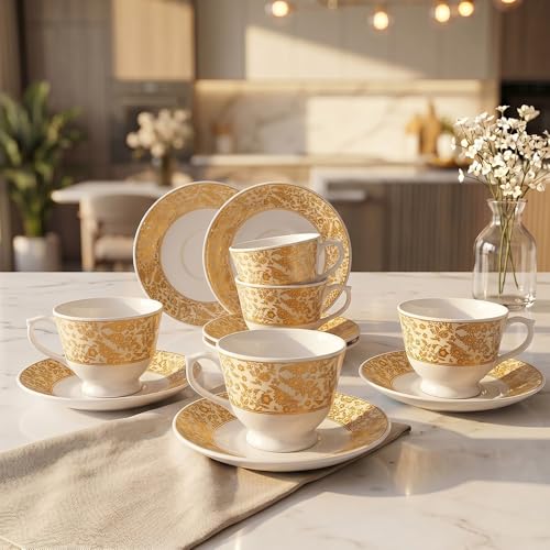 Image of UPC Premium Bone China Cup & Saucer Set (6 Pieces) | Elegant Solid Color Tea Coffee Cups | Lightweight, Durable & Glossy Finish | Ideal for Home, Office & Gifting