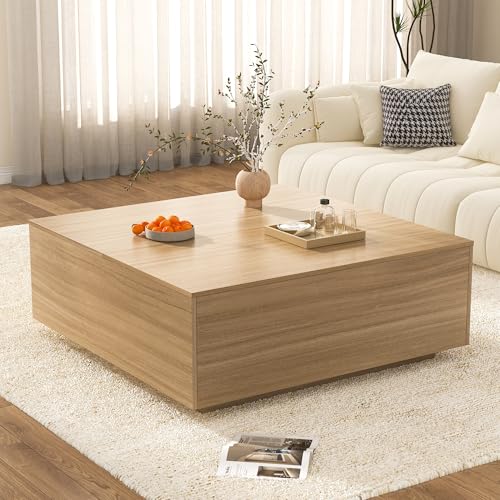 43 Inch Large Square Coffee Table with Storage,Modern Wooden Coffee Table with 2 Drawers Storage for Living Room,Mid Century Tea Table/Aesthetic Coffee Tables Center Table for Home Office(Oak)