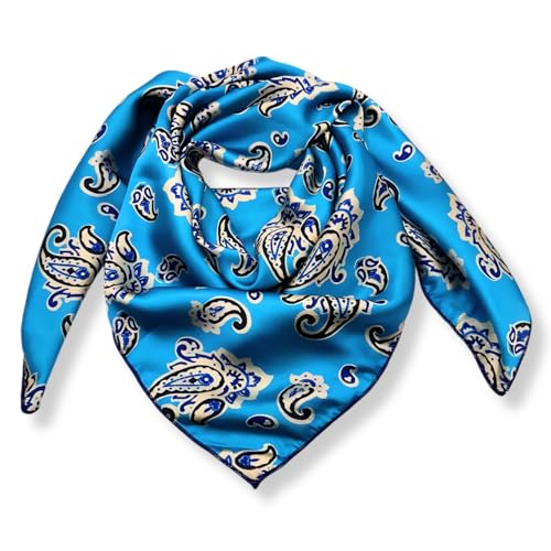 Wild Rag Silk Scarf 36'', Western Cowboy Bandana Square Silky Wild Rags,Turquoise &White Paisley Tibal Scarves for Men & Women
