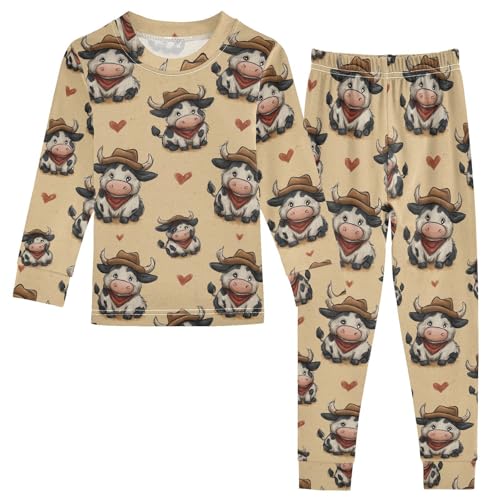 Pajama Sets Long Sleeve Cow with Cowboy Hearts Soft Comfy Sleepwear 2 Piece PJS 3-8T