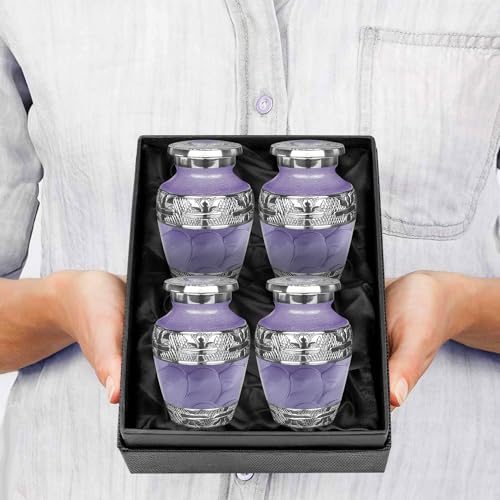 Trupoint Memorials Small Urns for Human Ashes Keepsake, Decorative Mini Cremation Urn for Adult Men & Women, Set of 4, Purple with Silver Lining