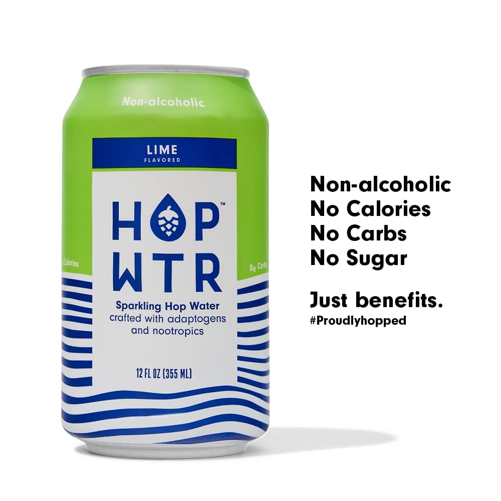 HOP WTR Sparkling Hop Water, Lime 12 Pack, Sugar Free, Low Carb Non Alcoholic Drinks, NA Beer, Adaptogen Drink, No Calories, Adaptogens & Nootropics for Added Benefits, 12 oz Cans