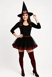 Fantasia feminina de bruxa de Halloween 2025, chapéu de bruxa, tutu em camadas curtas e meias listradas, conjunto de para Adutos meninas adolescentes (preto e roxo, preto e vermelho)