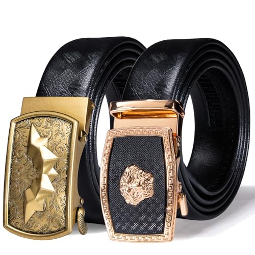 Image of Barry.Wang Mens 2 Pack Ratchet Belts Leather Adjustable 1 3 /8 inch Gift Box | Smooth Sliding,Trim to Fit,Click Belt Set for Dress Casual,Fashion Classic,Business,Birthday,Anniversary,Halloween,Christmas