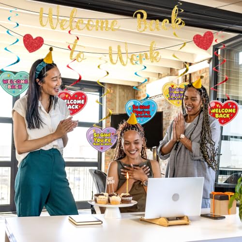 Image of Welcome Back To Work Decoration Banner So Glad You're Back To Work Banner and Hanging Swirls for Office Party Supplies - Gold