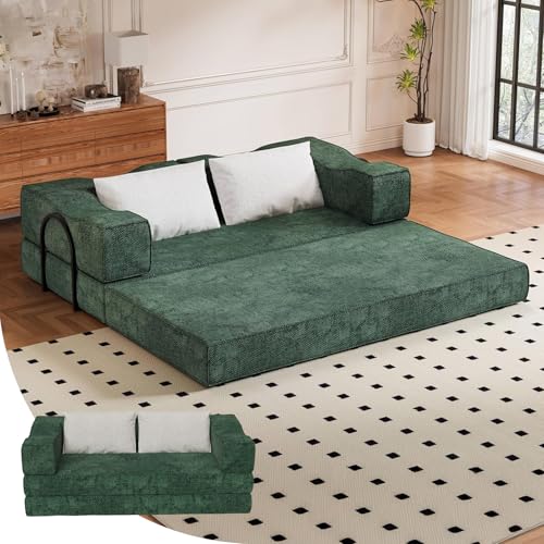 CAPCAEK 4-in-1 DIY Floding Out Futon Couch, King Size Convertible Sleeper Sofa Bed, Chenille Modular Sectional Sofa with Fixed-Shape Frame, Floor Daybed for Living Room Furniture