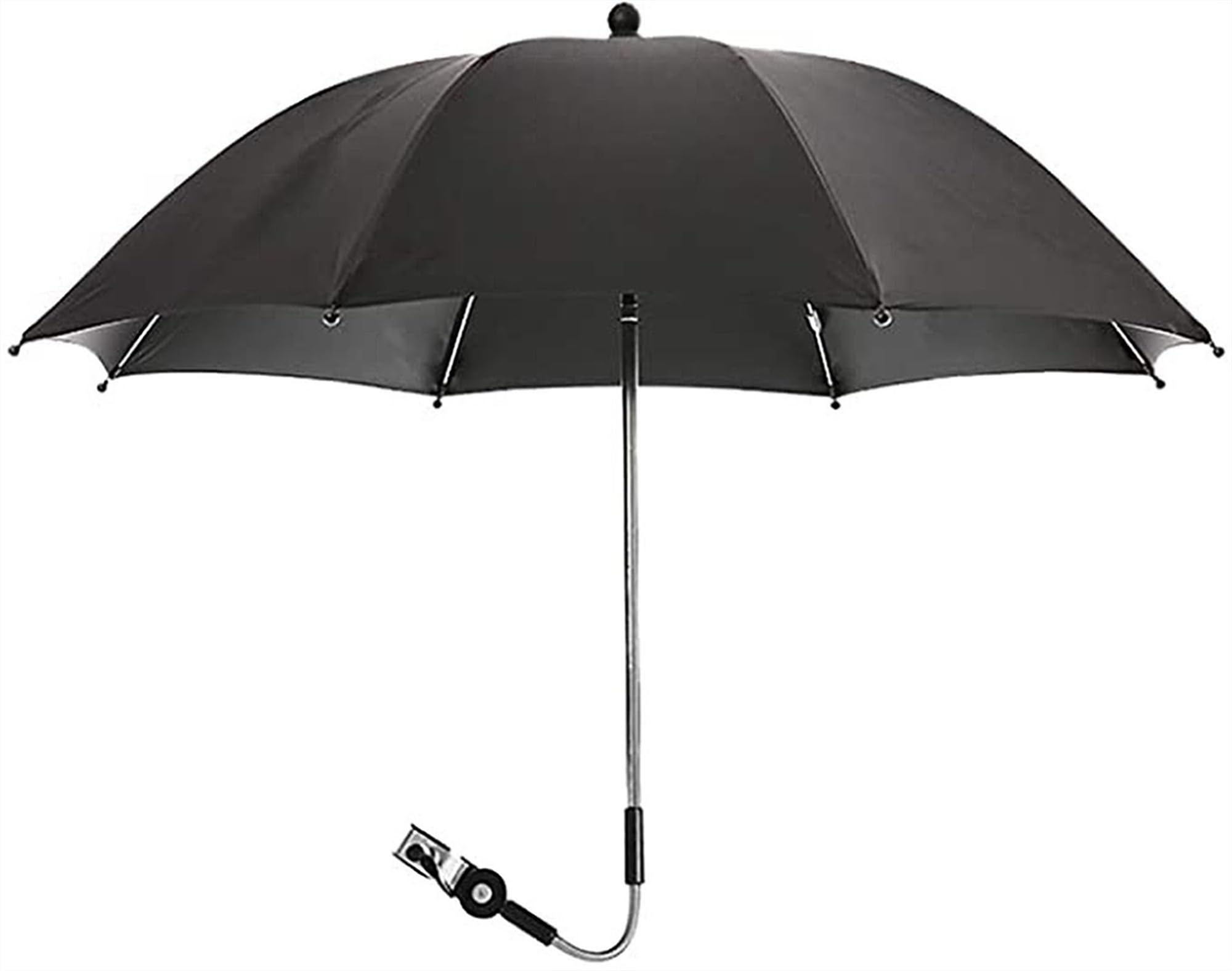 Sombrilla universal para cochecito, anti rayos UV, diámetro 75/85 cm, fijación para tubo redondo u ovalado, flexible y ajustable, con clip para silla de ruedas, Negro, 85 cm