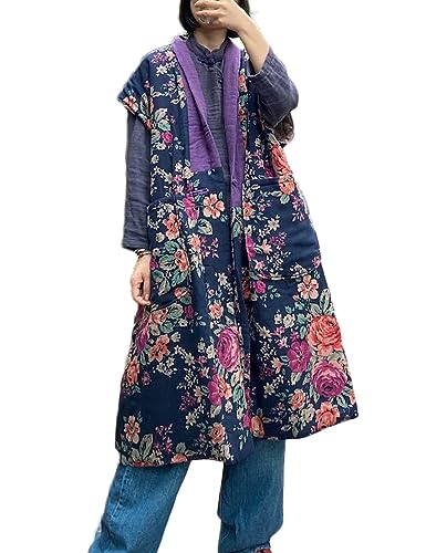 LUZU JUNU Women Fall Spring Sleeveless Vests Cotton Print Floral Long Vests Chinese Vintage Patchwork Waistcoat