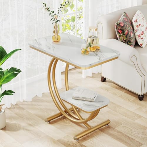 Image of Coffee Table for Living Room End Table Beside Tables with Metal Legs Small Accent Snack Tables Nightstand for Multipurpose Square Table (Golden White)