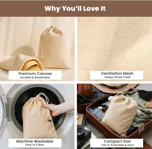 Image of LFH Cotton Rich Shoe Storage Bags with Drawstring, Dustproof Breathable Reusable Organizer, Perfect For Travel, Dorm, Hotel, College, Gym, Easy to Carry, 8 inchx17 inch (Pack of 2) - Natural Thanks Giving