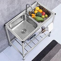 Fregadero Acero Inoxidable Con Patas Fregadero de cocina de 2 compartimentos, fregadero de acero inoxidable con patas en forma de H, para garaje, restaurante, cocina al aire libre, cuenco individual 16x12x8in