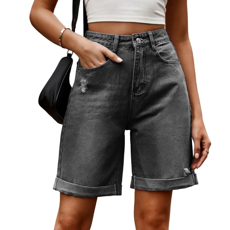 bifanxi Five-Point Length Denim Shorts Pants for Women | Casual Mid-Length Bottoms-picture-18