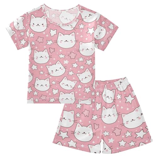 ALAZA Cute Animal Cat Kitten Star Pajamas Set Short Sleeve Cotton Sleepwear Summer Pjs 2 Piece 5-14Y