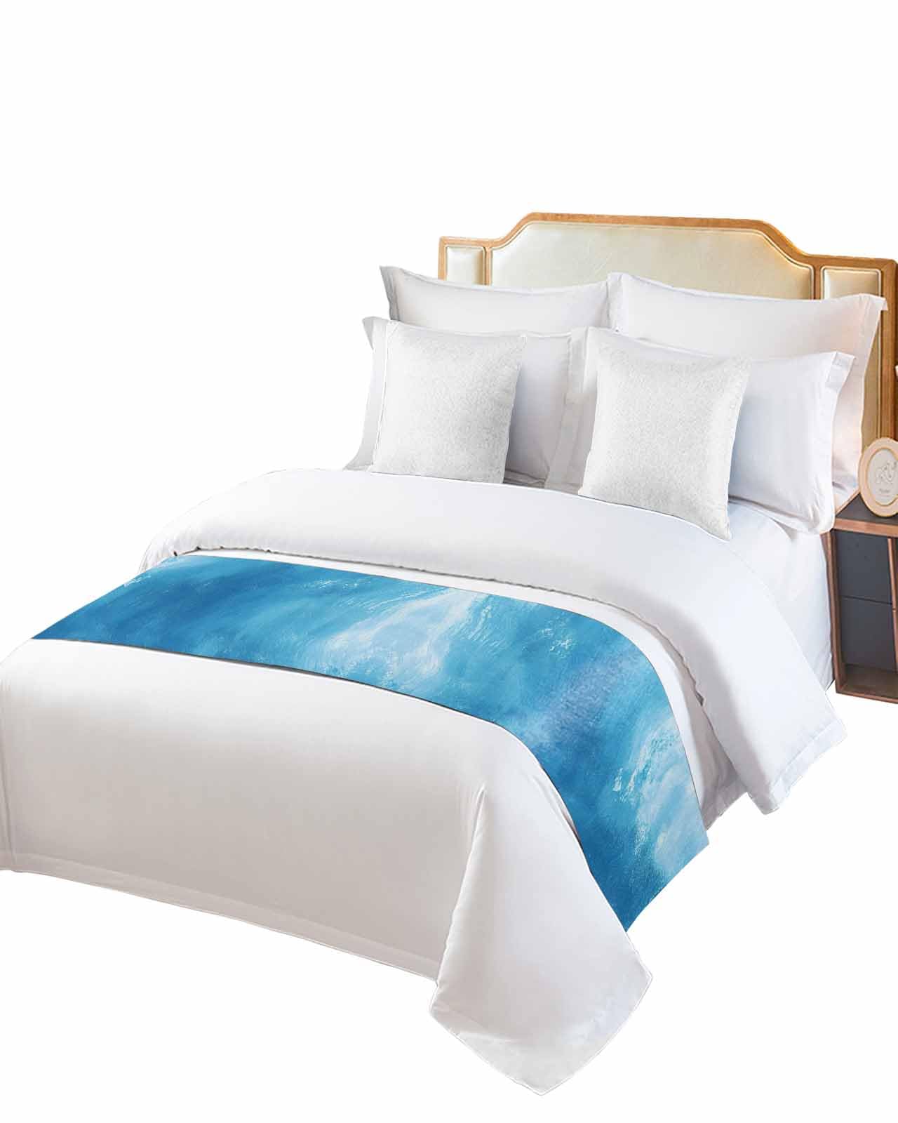 DecorLovee Blue Coastal Wave Bed Runners for Twin Size Bed, Decorative Bed Throws for Foot of Bed, Summer Oil Painting Ocean Bed Runner Sofa Throw Bedding Scarf Protector Slipcover for Bedroom/Hotel