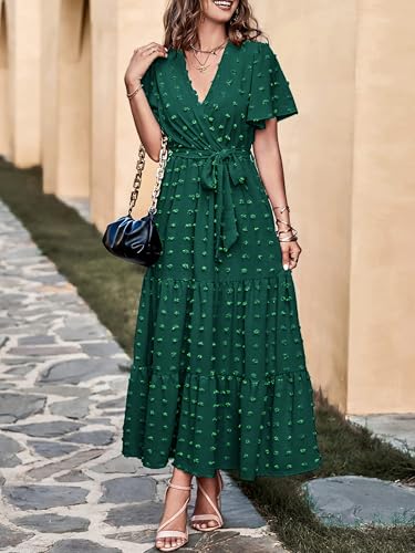 Image of MASCOMODA Women Boho Swiss Dot Maxi Dresses Wrap V Neck Flutter Short Sleeve Solid Tie Waist A Line Tiered Flowy Long Dresses