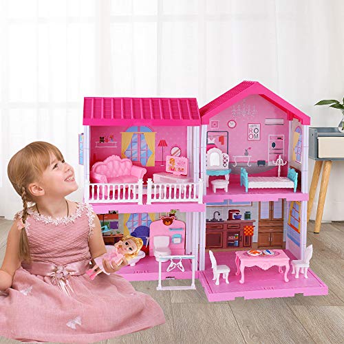 TEMI Kids Dreamy Dollhouse Building Toys Figure w/ Furniture, Accessories and Dolls, DIY