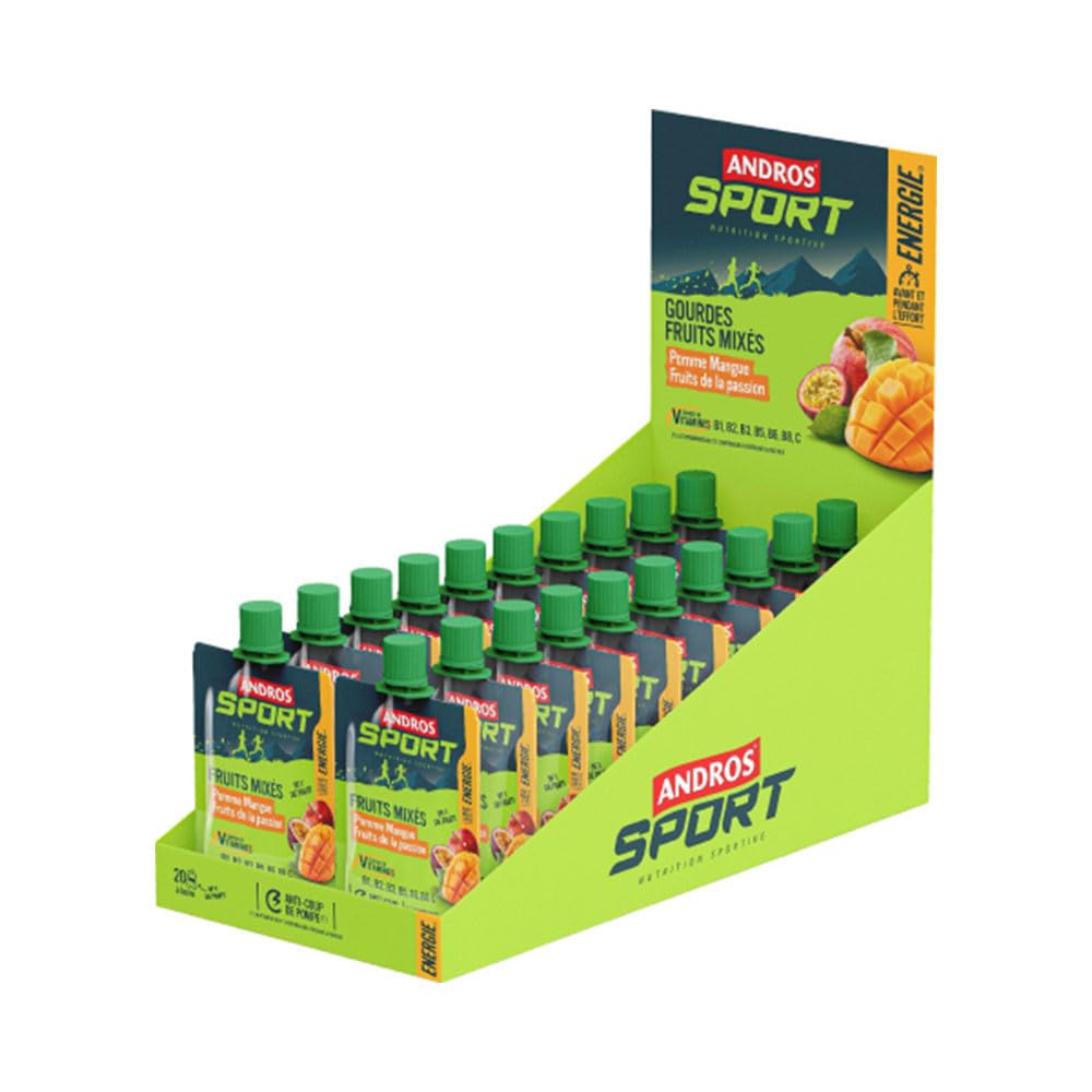 Andros Sport | Gourdes De Fruits Mixés Vitaminées (20x90g) | Gels énergétiques | Soutien nutritionnel - Pomme Mangue