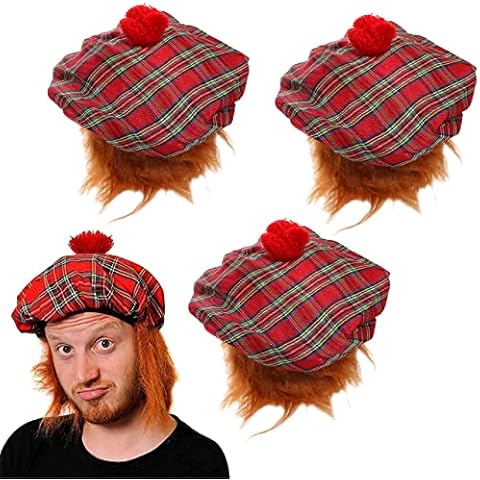 Tam O' Shanter Hat with Wig - Scottish Fancy Dress Hat with Attached Ginger Hair - St Andrews Day - Scotland Burns Night - Pack Of 1 Cover