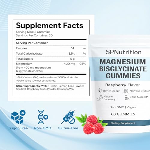 Image of Spnutrition Magnesium Bisglycinate Gummies - Chelated Magnesium Supplement, Promotes Muscle & Nerve Function, Relaxation & Everyday Wellness - 60 Raspberry Gummies (1)
