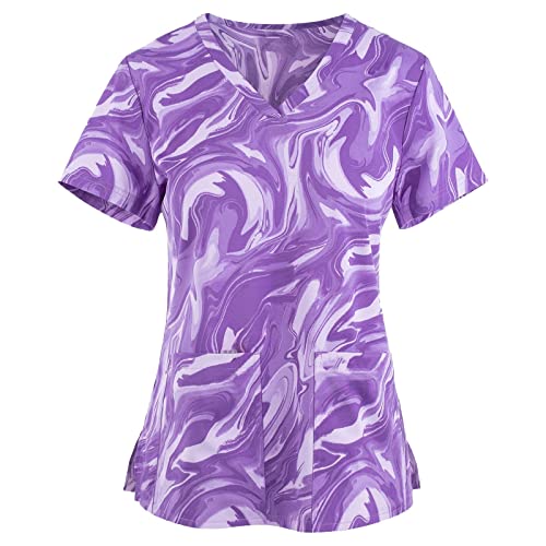 OIOLOYJM Printed Scrub Tops Women V Neck Short Sleeve Plus Size Scrubs for Womens Nursing Uniforms Shirts with Pockets