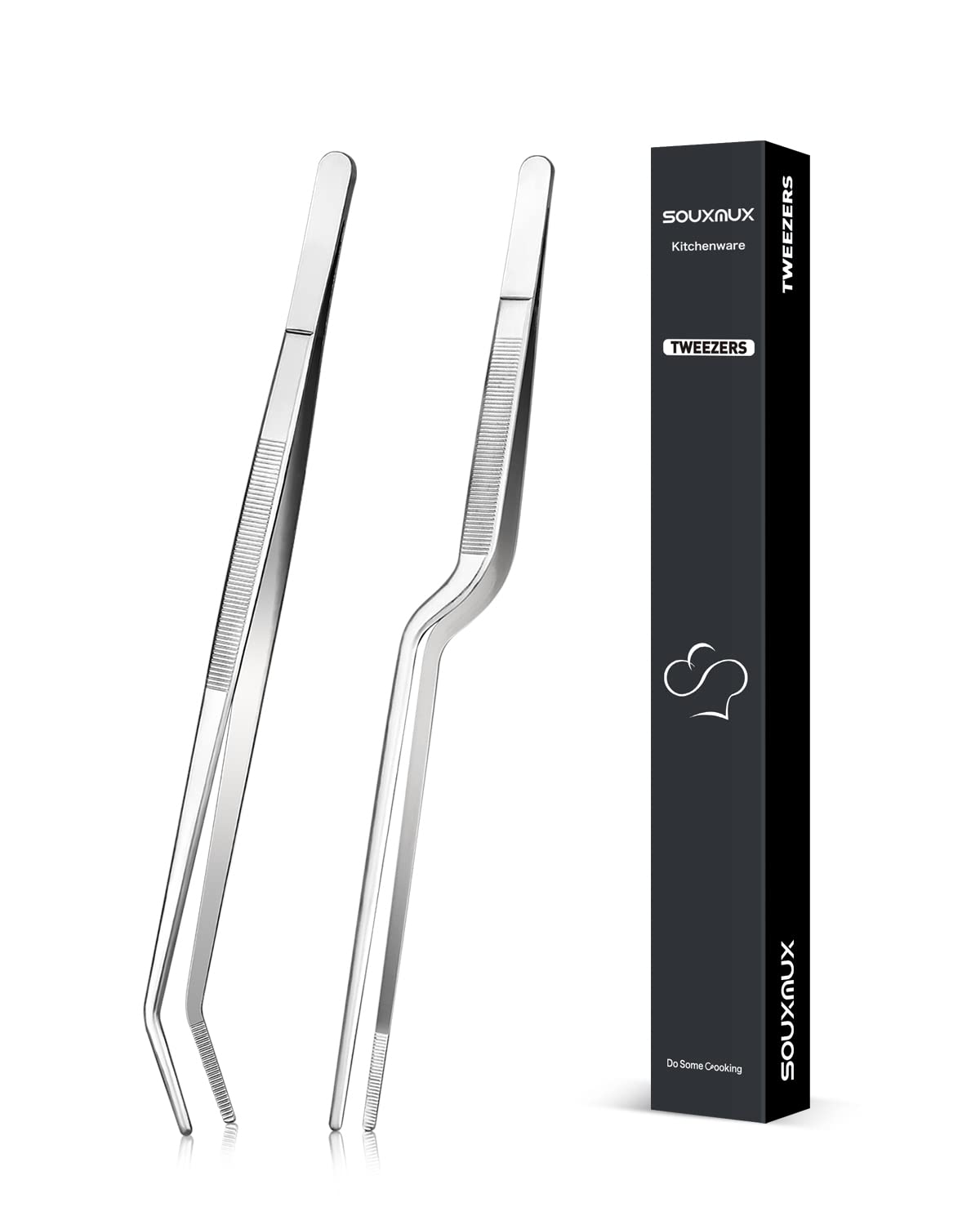 25.5cm Cooking Offset Tweezer and Curved Tong Set, Tongs Precision Serrated Tips, Stainless Steel Professional Chef Tweezer Kitchen Tools for BBQ, Plating and Serving