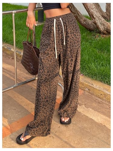 OYOANGLE Women's Graphic Print Drawstring Elastic High Waist Long Pants Y2k Wide Leg Casual Trousers with Pockets3