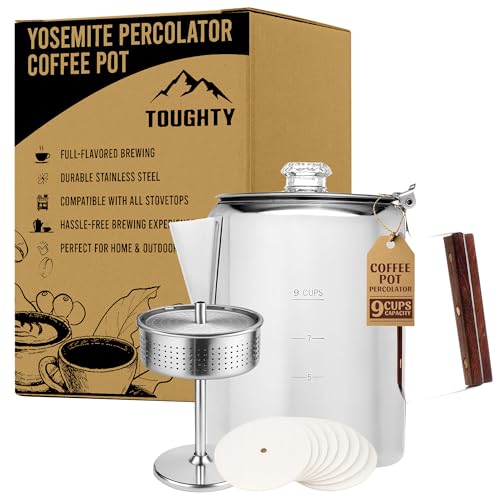 Toughty Yosemite Percolator Coffee Pot – Classic Stovetop Coffee Maker for Camping, Hiking & Home, Durable Stainless Steel Pot, Compatible with All Stovetops – Old-Fashioned 9-Cup Percolator, Silver