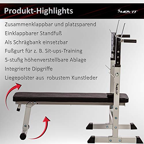 Movit® weight bench with adjustable barbell holder and dip station, foldable, 2 colours, optionally with 30 kg or 60 kg dumbbell set, home training device home gym power station - Image 8