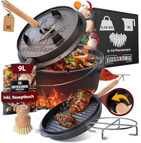 Produktfoto von GUSSKÖNIG Dutch Oven Set - Eingebrannter Dutch Oven 9 Liter - Feuertopf aus Gusseisen ohne Füßen - Schmortopf…