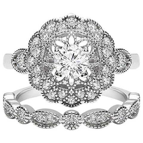 TwoBirch 18k White Gold MicroplatedArt Deco Floral Design Duo Bridal Ring Set Engagement Ring and Wedding Band with Cubic Zirconia (925 Silver, Sizes 7, 8, 9) Cover