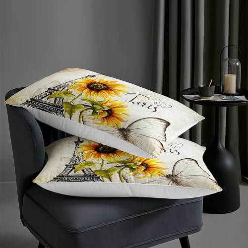 Image of AILONEN Sunflower Comforter Set Full Size,Sunflowers Butterfly Bedding Set,Paris Eiffel Tower Retro Comforter Sets, 1 Quilt and 2 Pillowcases