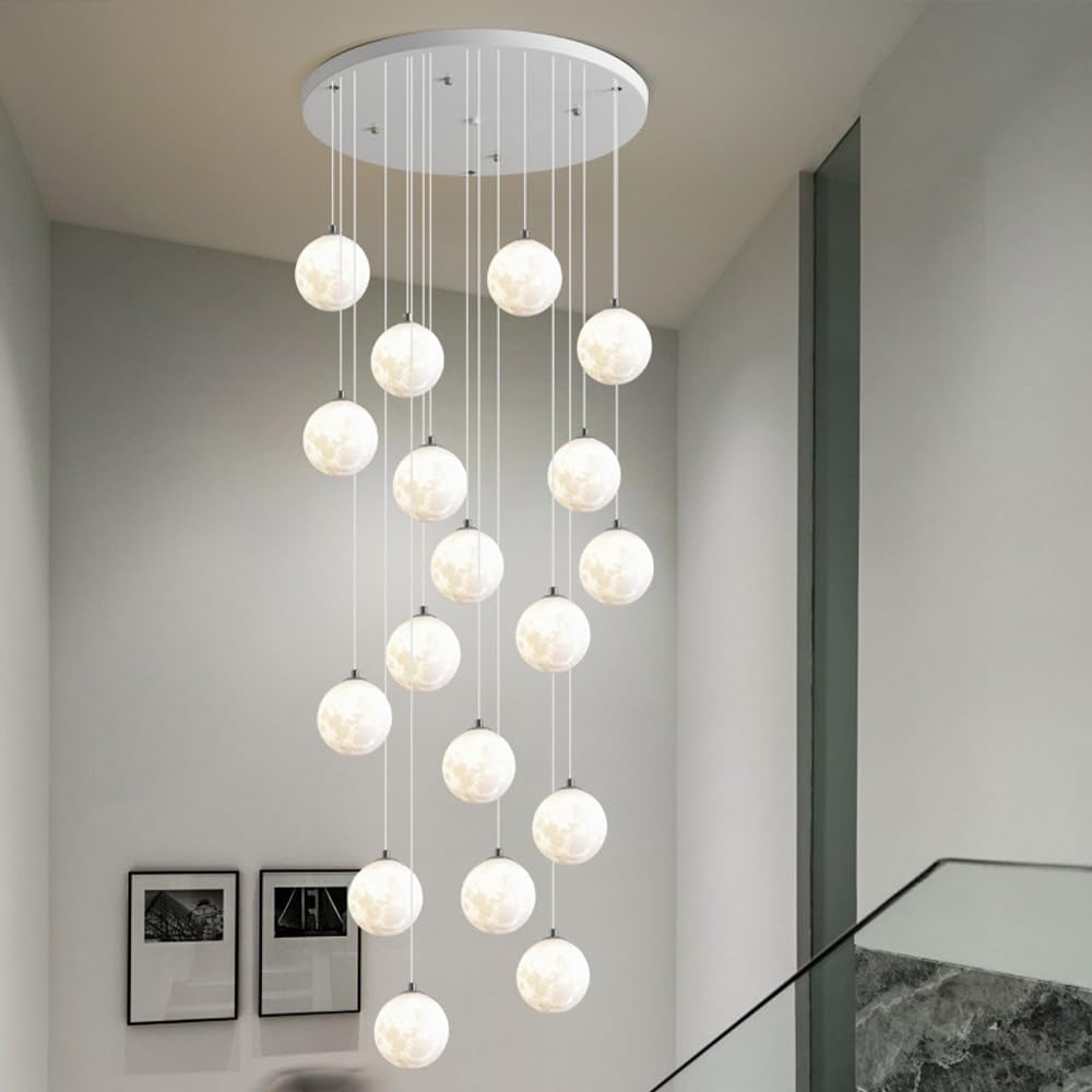 PCXEHUYP 18-Lights Staircase Pendant 30-light Globe Stairwell Chandelier White For High Ceiling Stair Hotel Hallway Entrance Foyer