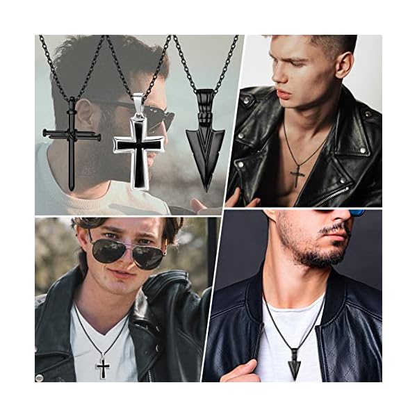 SAILIMUE 10 Pcs Stainless Steel Necklace for Men Black Dog Tags Bar Nail Pendant Spearpoint Arrowhead Viking Cross Chain Set Cool Men Jewelry 22 Inch - Image 5