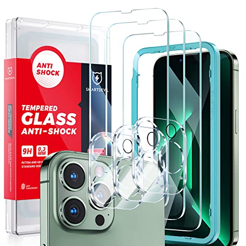 SmartDevil 3 Unidades Protector de Pantalla para iPhone 13 Pro Max (6.7 pulgadas) Más 3 Unidades Protector Lente de Cámara Marco de fácil instalación Mica de Cristal Vidrio Templado 9H Amigable para Funda, HD Transparente