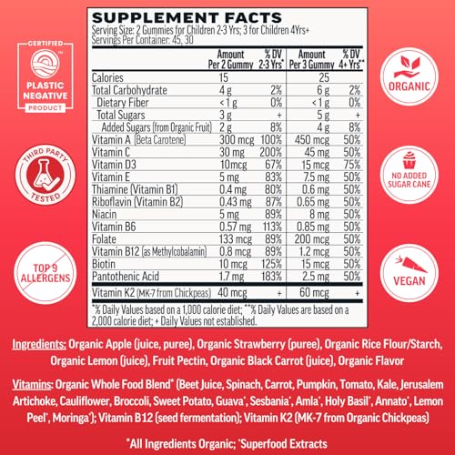 Image of Llama Naturals Kids Multivitamin Gummies | Real Fruit, No Added Sugar Cane | Organic Vegan Toddler Whole Food Vitamins | Vitamin D, C & Beta Carotene Gummy Supplement | Strawberry 90 Ct (1-2 Months)