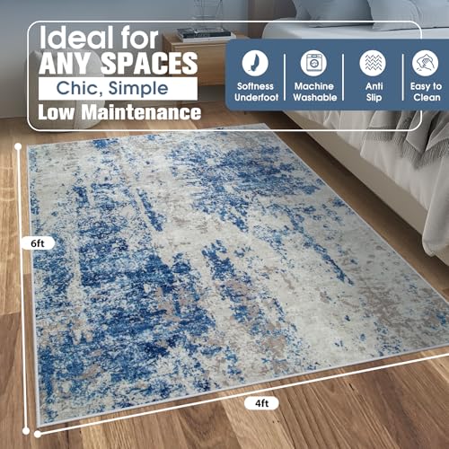 4x6 Area Rugs for Living Room Rug Washable: Abstract Rug for Dining Room Bedroom Carpet Non Slip 4 by 6 Indoor Modern Nursery Home Office Blue Grey White