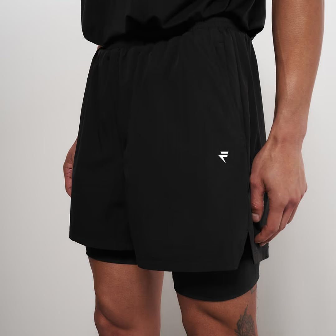 Flytex - Spodenki sportowe 2 w 1 ze zintegrowaną kompresją - komfort, chłód i styl - wbudowana bielizna - 6 ukrytych kieszeni - Unisex
