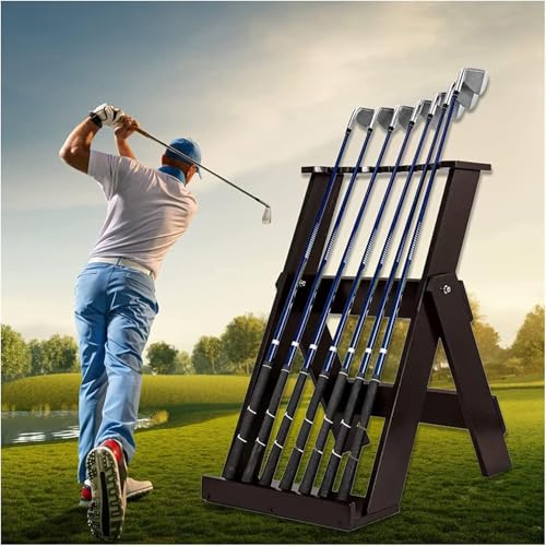 JevLoN Wooden Golf Putter Stand Indoor Display Rack Golf Club Rack Golf Club Holder Organizer Holds 7 Clubs, Natural Pine Wood Golf Club Stand for Storage Golf Sports Equipment
