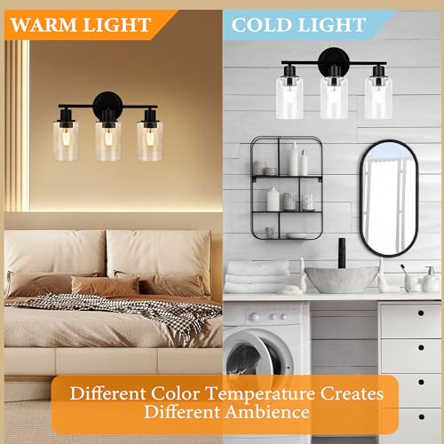 Image of 3-Light Black Bathroom Light Fixture Over Mirror, 3-Light Bathroom Vanity Light Over Sink, Black 3 Bulb Wall Light for Mirror