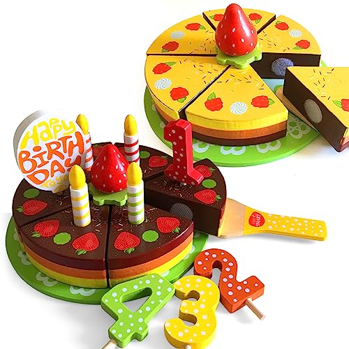 Juego de Tartas de cumpleaños de Madera, 18 pzs | Pastel con un Servidor de Pastel, Velas, Fruta, Adornos, Plato y Accesorios | Juego Imaginativo de Concina Regalos de Cumpleaños para Niños y Ninas