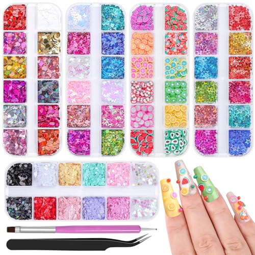 5 Boxes 60 Colors Holographic Nail Art Sequins Kit,Fruit Slice,Ir...