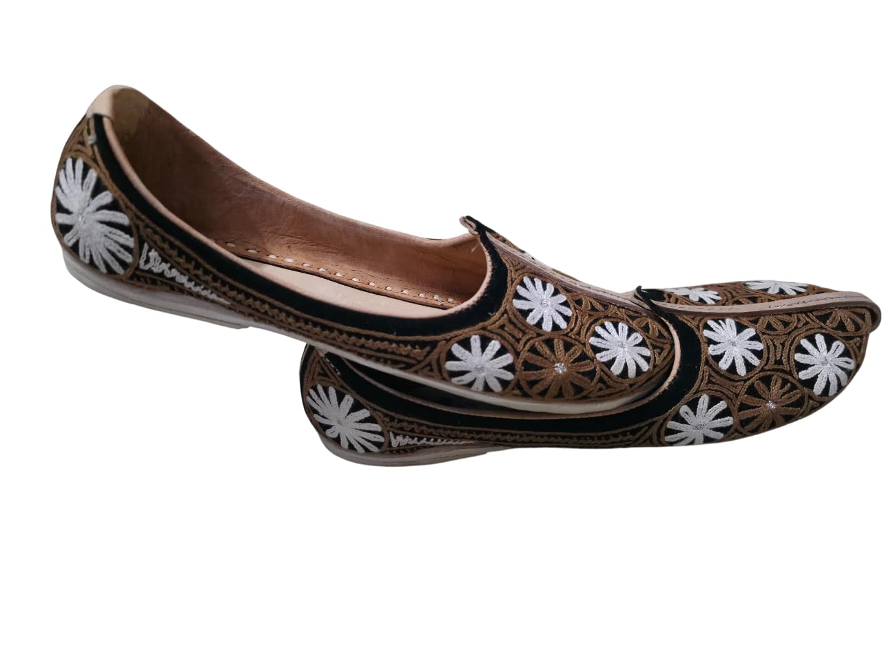 Handcrafted Embroidered Ballet Flats, Brown with White Floral Design, Traditional Indian Juttis-image-14