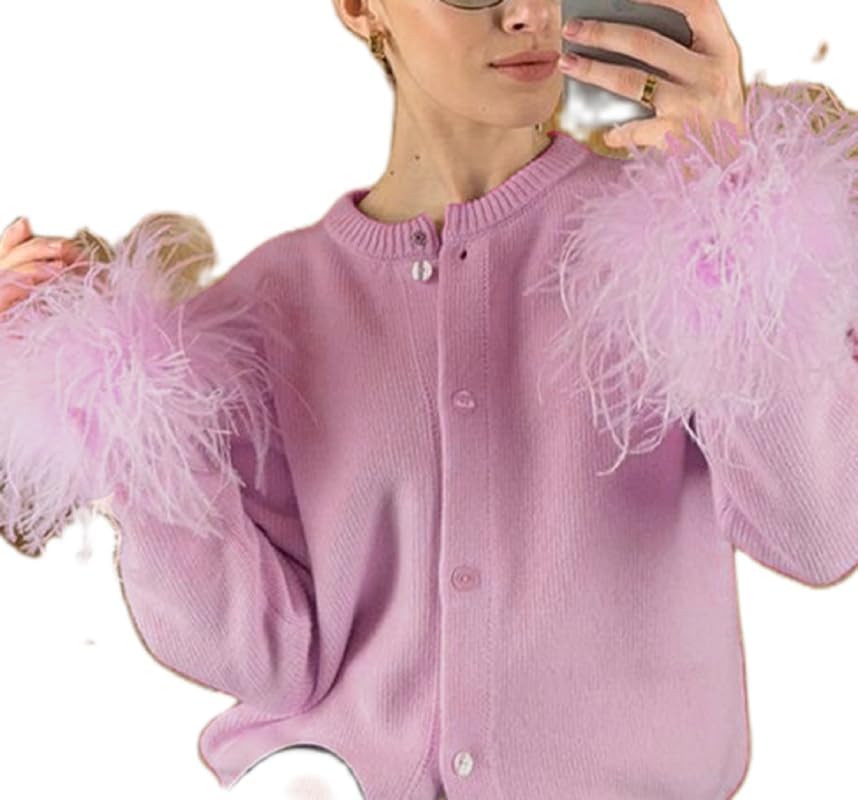Womens Feather Trim Cardigan Knit Button Down Long Sleeve Crop Sweater Tops Holiday Rave Fur Trim Jacket