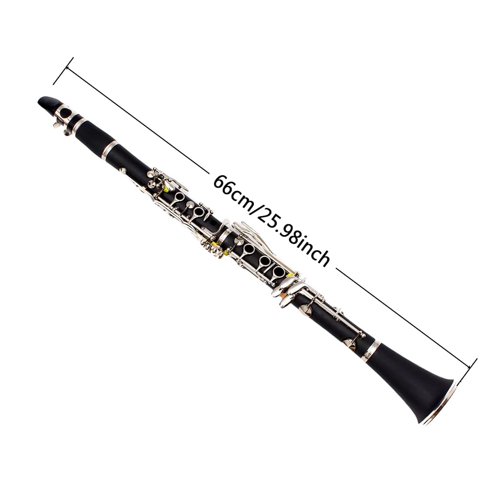 Clarinette en si bémol pour étudiant en bois d'ébonite si bémol 17 touches nickelé pour débutant avec 2 barils avec chiffon de nettoyage gants Noir Orchestre Instrument de musique