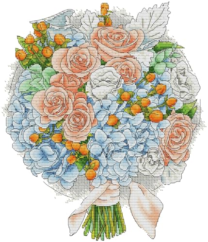 Image of CaptainCrafts Cross Stitch Kits for Adults Counted Cross Stitch Unprinted Fabrics Needlework Craft Home Decor (Counted 14CT, Orange Rose Bouquet)