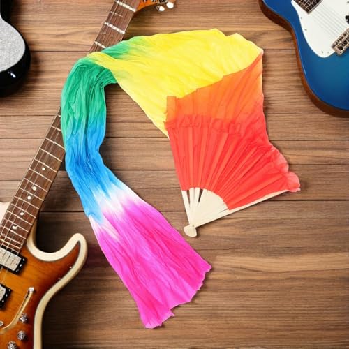 Abanico largo para danza china con velo de seda multicolor degradado flotante 6