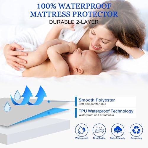 Image of 100% Waterproof Mattress Protector | Permium Cotton Mattress Skin Friendly Bed Cover | Breathable & Non-Allergenic Ultra Soft Elastic Fitted Bed Protector | 78x60 Inch, Queen, White